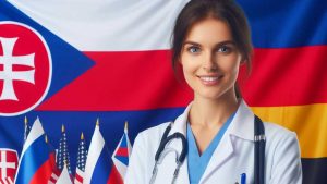 Lekarz przygotowuje się do aborcji w Czechach. W tle flaga kraju,