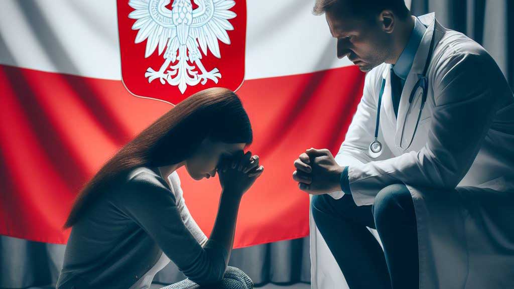 Prawo aborcyjne w Polsce - kobieta rozmawia z lekarzem w tle flaga